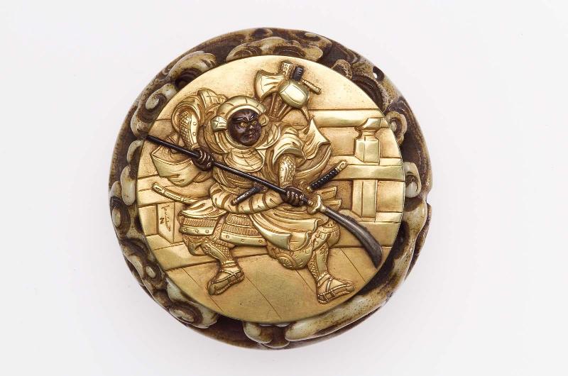 Kagami netsuke with design of Benkei on the Gojo bridge