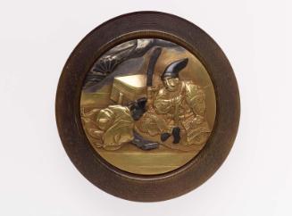 Kagami netsuke with design of Kusunoki Masashige (1294–1336) reading a scroll predicting the future history of Japan