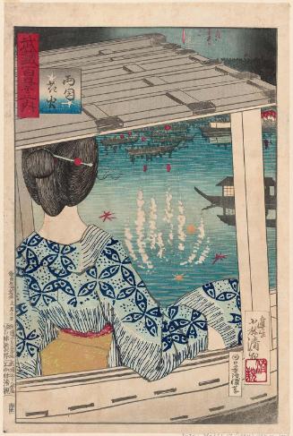 Fireworks at Ryôgoku Bridge (Ryôgoku hanabi), from the series One Hundred Views of Musashi Province (Musashi hyakkei no uchi)