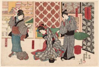 Actors Onoe Baikô IV as Koshô Kichiza, Iwai Kumesaburô III as Yaoya Oshichi, and Sawamura Chôjûrô V as Gejo Osugi, in Takane no Kumo Yorokobi Soga, No. 19 of an untitled series