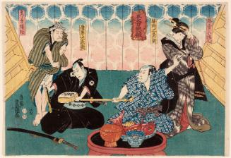 Actors Onoe Baikô IV as Sakuraya no Koman, Bandô Hikosaburô IV as Sasano Sangobei, Sawamura Sôjûrô V as Satsuma Gengobei and Ôtani Tomoemon IV as Mawashikata Yasuke, in Godairiki Koi no Fûjime