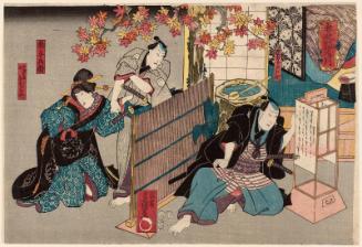 Actor Ichimura Uzaemon XII as Minagata Jûjibei, Ichikawa Danjûrô VIII as Minami Yobei, and Bandô Shûka I as Jûbei's Wife (Nyôbô) Ohaya, in Tsuma Mukae Iro no Fumizuki