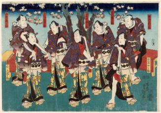 Actors Ichimura Uzaemon XII as Izutsu Menosuke, Ôtani Tomoemon IV as Tsuchiko Gennosuke, Bandô Mitsugorô IV as Shinagawa Ôkaminosuke, Arashi Kichisaburô III as Kuzu no Uraminosuke, Seki Sanjûrô III as Kurozuka Murinosuke, Sawamura Chôjûrô V as Mottomo Dôrinosuke, and Nakamura Shibajaku I as Yamanaka Shikanosuke, No. 38 of an untitled series