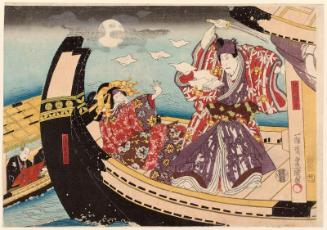 Actors Sawamura Chôjûrô V as Ashikaga Yorikane and Iwai Kumesaburô III as Miuraya Takao, with Chanter Tomimoto Buzentayû, No. 21 from an untitled series