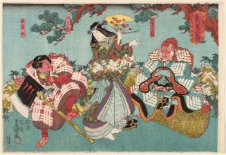 Actors Bandô Hikosaburô IV as Yamagatsu, Ichikawa Danjûrô VIII as Yamauba, and Ichikawa Kodanji IV as Kaidômaru, in Azuma Dairi Hana mo Yoshikado, No. 13 from an untitled series