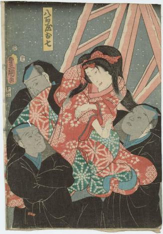 Actor Ichikawa Kodanji IV as a Puppet of Yaoya Oshichi, with Bandô Muraemon I, an Unidentified Actor, and Matsumoto Kunigorô as Puppet Manipulators (Kurogo)