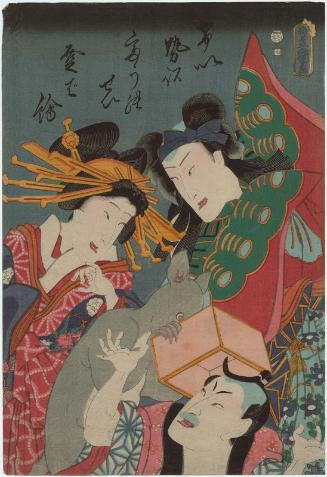 Actor Nakamura Shikan IV in three roles: a Courtesan (Keisei), the Spirit of a Butterfly (Chô no sei), and a Cartoon Character (Toba-e)