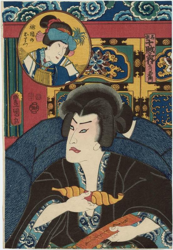 Actors Nakamura Fukusuke I as Ishikawa Goemon and Onoe Kikujirô II as Gion no Oritsu (inset), from the series Ten Famous Thieves (Meiyo jû zoku no uchi)