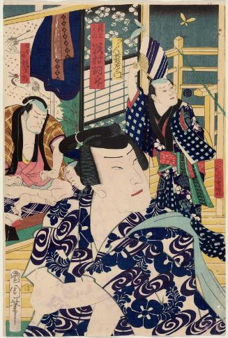 Actors Bandô Shûka (Bandô Mitsugorô VI) as Shirahara and Bandô Kichiroku as a Carpenter (Daiku), with Aizô (Nakamura Aizô I) as a Country Bumpkin (Inakamono) and Kôshô (Ichikawa Kôshô) as a Jester (Taikomochi) (R); Sawamura Tosshô II as Suzuki Mondo, with Shinzaemon (Bandô Shinzaemon) as a Man-about-town (Tsûjin), and Kantarô (Nakamura Kantarô I) as a Country Samurai (Inaka-zamurai) (L)