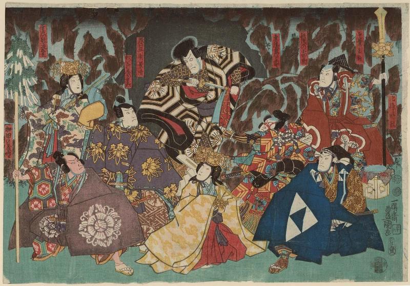 Actors Bandô Hikosabûrô IV as Hôjô Tokimune, Onoe Shôroku 1.5 as Chibanosuke, Ichikawa Saruzô I (?) as Ema no Koshirô, Onoe Kikujirô II as Kagekiyo's Wife (Tsuma) Akoya, Ichikawa Ebizô V as Akushichibyôe Kagekiyo, Ichikawa Kuzô II as Chichibu no Shôji Shigetada, Iwai Kumesaburô III as Shigetada's Younger Sister (Imôto) Kinugasa, and Ichikawa Ebijûrô IV (?) as Wada no Yoshimori, No. 36 from an untitled series
