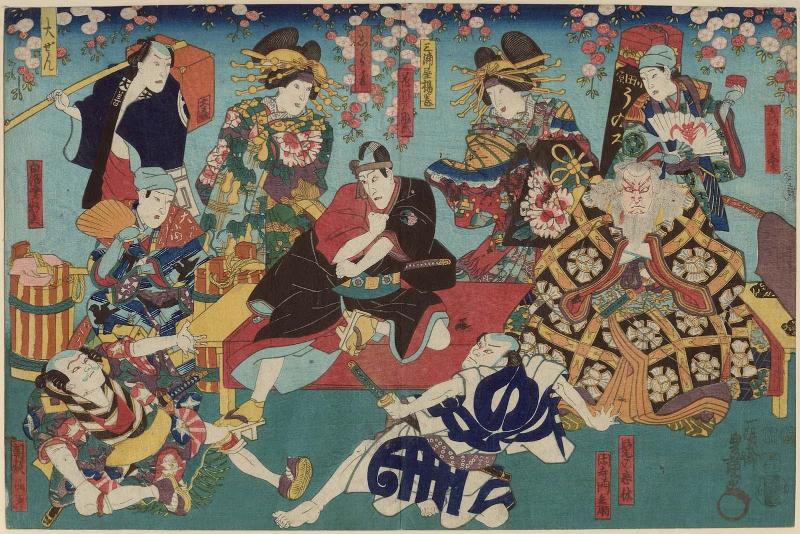 Actors Ichikawa Kôzô as a Medicine Peddler (Uirô-uri), Ichikawa Kodanji IV as Hige no Ikyû, Nakayama Ichizô I as Kandera Monbei, Bandô Shûka I as Miuraya Agemaki, Ichikawa Danjûrô VIII as Hanakawado Sukeroku, Ichikawa Shinsha I as Shiratama, Onoe Shinshichi III as Daizen, Ichikawa Komazô VII as the White Sake Vendor (Shirazake-uri) Shinbei, and Ichikawa Hirogorô I as Asagao Senbei, No. 37 of an untitled series