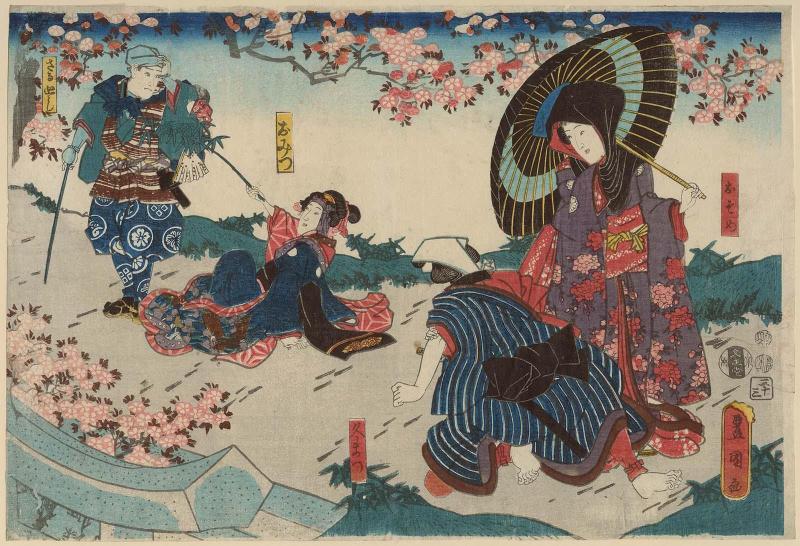 Actors Iwai Kumesaburô III as both Osome and Hisamatsu; Iwai Kumesaburô III as Omitsu and Ichikawa Kuzô II as a Monkey Trainer (Sarumawashi), No. 33 from an untitled series