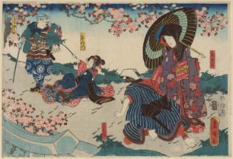Actors Iwai Kumesaburô III as both Osome and Hisamatsu; Iwai Kumesaburô III as Omitsu and Ichikawa Kuzô II as a Monkey Trainer (Sarumawashi), No. 33 from an untitled series