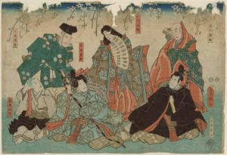Actors as the Six Poetic Immortals (Rokkasen): Sawamura Chôjûrô V as Ôtomo no Kuronushi, Sôjô Henjô, Ariwara no Narihira, Bun'ya no Yasuhide, and Kisen Hôshi; and Onoe Baikô IV as Ono no Komachi, No. 55 from an untitled series