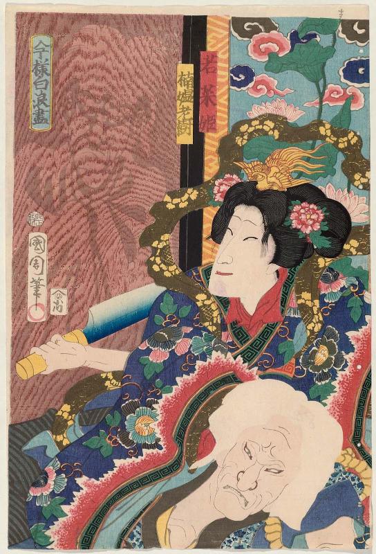 Actors Sawamura Tanosuke III as Wakana-hime and Seki Sanjûrô III as Kusunoki Ôna Rôju, from the series Modern Tales of the Underworld (Imayô shiranami zukushi)