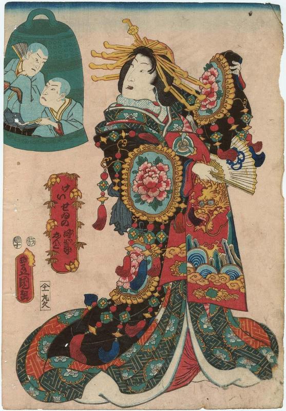 Actor Nakamura Fukusuke I as a Courtesan Doing the Kawasaki Dance (Keisei no Kawasaki Ondo), with Nakamura Tsuruzô I and Ichikawa Danzaburô (?) (inset)