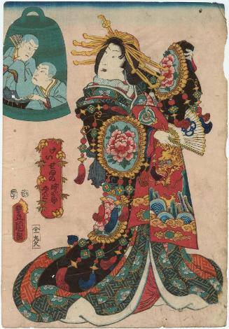 Actor Nakamura Fukusuke I as a Courtesan Doing the Kawasaki Dance (Keisei no Kawasaki Ondo), with Nakamura Tsuruzô I and Ichikawa Danzaburô (?) (inset)