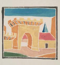 Two woodcuts on one sheet from "Pantagruel": Castle Gate (top); Valet wtih Dress (bottom)