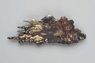 Kanamono in the form of a landscape with Mount Fuji, with backplate engraved with flowers