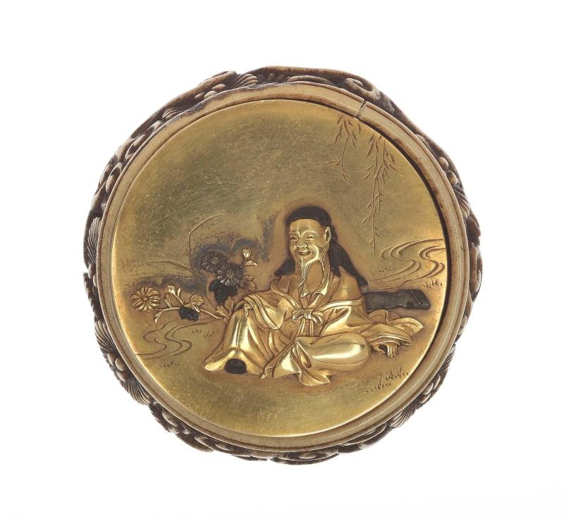 Kagami netsuke with design of Kikujido in old age; bowl with chrysanthemums