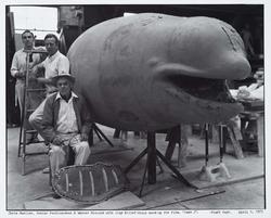 Chris Mueller, Gunnar Ferdinandsen and Werner Binczek with clay Killer Whale mock-up for film, "Jaws 2" - Staff Dept.  April 1, 1977.