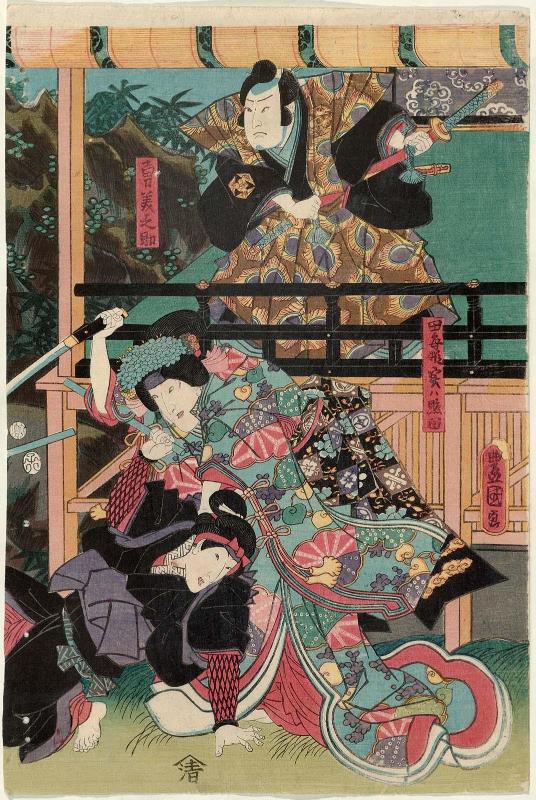 Actors Arashi Rikan III as Yuminosuke, Iwai Kumesaburô III as Tagoto-hime, actually Teruta, and an unidentified actor