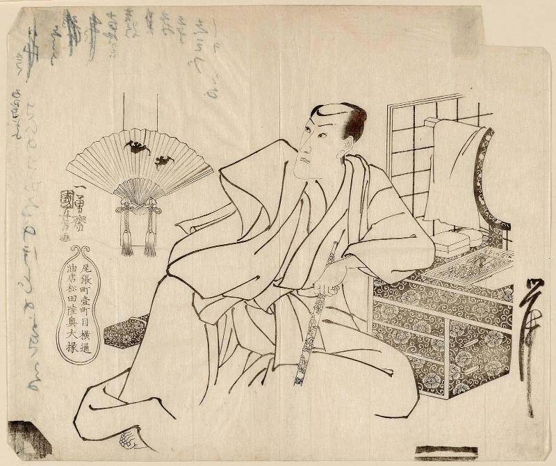 Actor Ichikawa Danjûrô VIII in the Dressing Room; Advertisement (?) for the Cosmetic Store (?) of Matsuda Mutsu Daijō on Yokodôri in Owarichō itchôme (Owarichō itchôme Yokodôri Aburaya Matsuda Mutsu Daijō)
