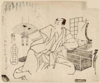 Actor Ichikawa Danjûrô VIII in the Dressing Room; Advertisement (?) for the Cosmetic Store (?) of Matsuda Mutsu Daijō on Yokodôri in Owarichō itchôme (Owarichō itchôme Yokodôri Aburaya Matsuda Mutsu Daijō)
