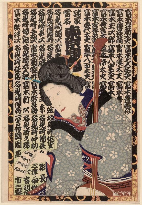 Actor Sawamura Tanosuke III (?) as a Tomimoto-style Musician, from the series Thundering Names, the Pride of Tokyo (Shoka raimei Tôkyô jiman)