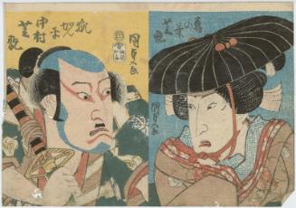 Actor Nakamura Shikan II as Kuzunoha (right side) and as Fox (Kitsune) Kanpei (left side)
