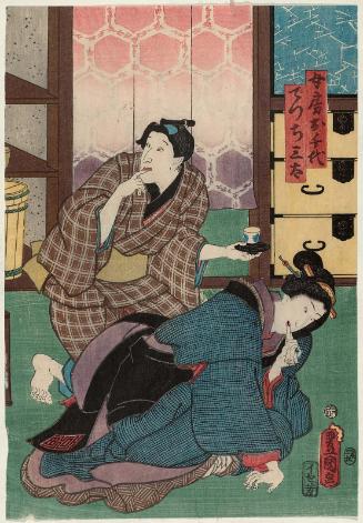 Actors Iwai Kumesaburô III as Wife (Nyôbô) Ochiyo, Nakamura Enjaku as Apprentice (Detchi) Santa (R), and Nakamura Fukusuke I as Yaoya Hanbei (L)