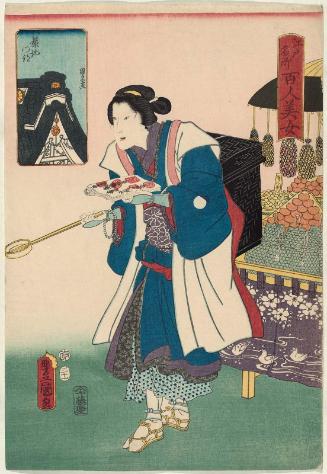 The Monzeki Temple in Tsukiji (Tsukiji Monzeki), from the series One Hundred Beautiful Women at Famous Places in Edo (Edo meisho hyakunin bijo)