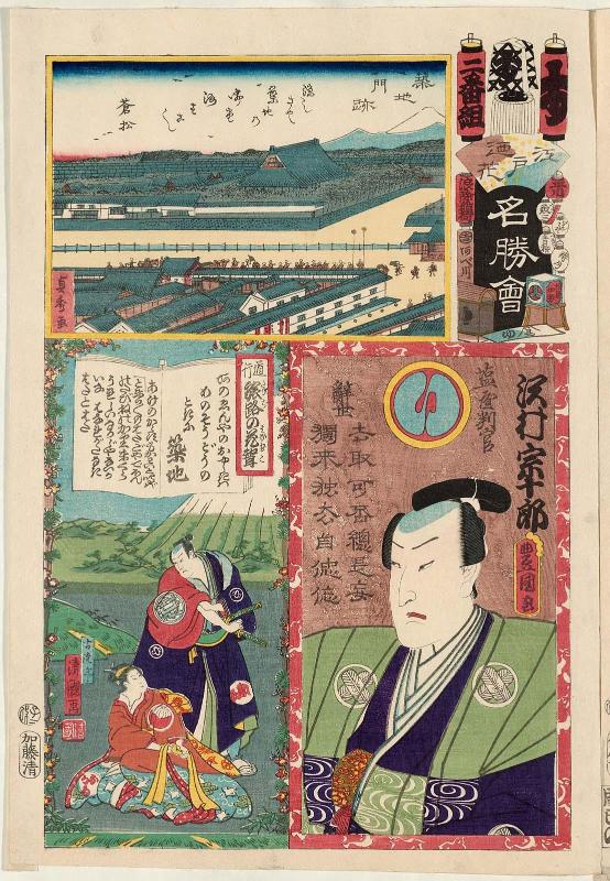 Su Brigade, Second Group, Tsukiji: Actor Sawamura Sôjûrô V as En'ya Hangan, from the series Flowers of Edo and Views of Famous Places (Edo no hana meishô-e)
