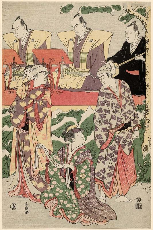 Actors Ichikawa Komazô III as Gorokichi, Segawa Kikunojô III as Yamamoto no Osugi, and Iwai Hanshirô IV as Yamakage no Omatsu, with chanters Tokiwazu Mojitayû and Tokiwazu Mikitayû, and accompanist Tobaya Richô