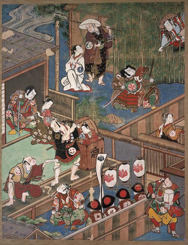 Theater signboard depicting scenes from the play Shusse Taiheiki