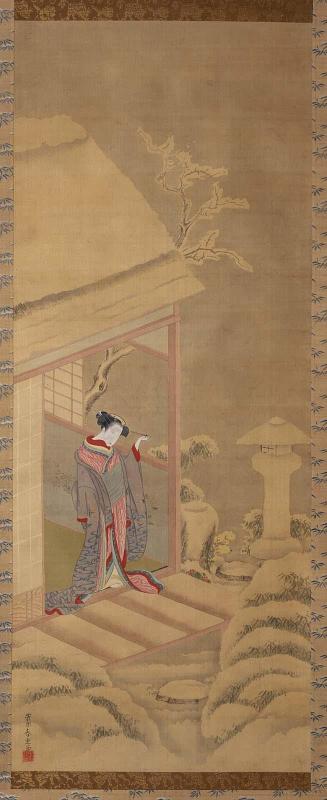 Woman Admiring a Snow-Covered Garden