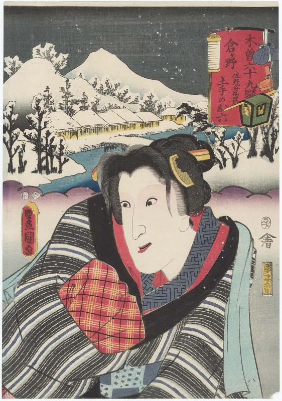 The Historical Site of the Pontoon Bridge of Sano at Kuragano Styation (Kuragano, Sano funabashi no kyûseki): Actor Iwai Tojaku I (=Iwai Hanshirô V) as Dote no Oroku, from the series The Sixty-nine Stations of the Kisokaidô Road (Kisokaidô rokujûkyû eki)