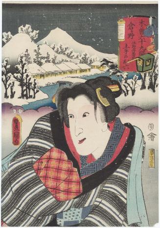 The Historical Site of the Pontoon Bridge of Sano at Kuragano Styation (Kuragano, Sano funabashi no kyûseki): Actor Iwai Tojaku I (=Iwai Hanshirô V) as Dote no Oroku, from the series The Sixty-nine Stations of the Kisokaidô Road (Kisokaidô rokujûkyû eki)