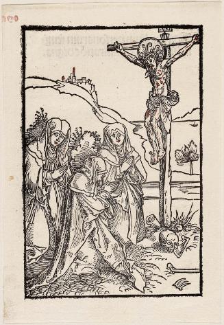 Three Women Kneeling before Christ on the Cross. Frontispiece for "Spiritualium personarum feminei sexus facta admiratione digna" by St. Lucy of Narni.
