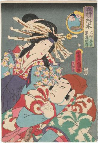 Wood (Ki): Actors Kataoka Nizaemon VIII as Ôtomo no Kuronushi and Sawamura Tanosuke III as the Spirit of the Ink-dyed Cherry Blossoms (Sumizome-zakura no sei), from the series The Five Elements (Gogyô no uchi)
