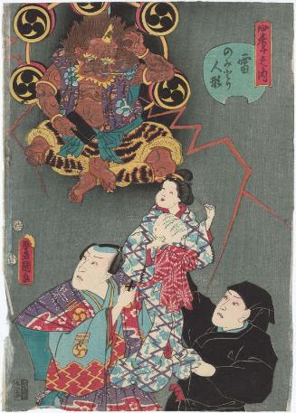 Actor Ichikawa Kodanji IV as both a Thunder God (Kaminari) and a Puppet Handler (Nomitori no ningyô), with Kawarazaki Gonjûrô I, from the series Four Seasons (Shiki no uchi)
