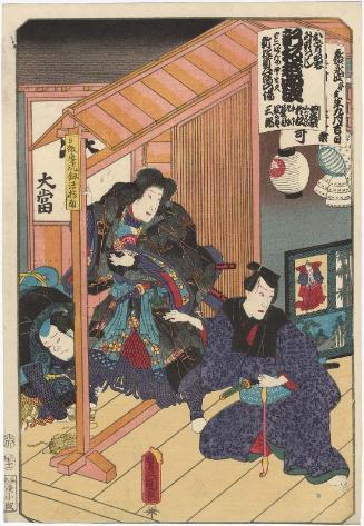 Actors Bandô Shûka I as the Female Bandit (Onna tôzoku) Mijin no Omatsu, Nakamura Kantarô I as Teshita Kyûsuke, and Ichikawa Danjûrô VIII as Natsume Shirosaburô, in the Play Shinpan Koshi no Shiranami, 9th Month of 1851 (Kaei 4),  from the series Titles of Performances (Odori keiyô gedai zukushi)