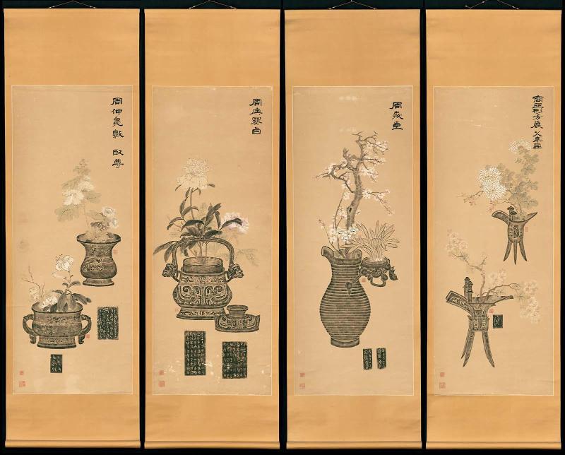 Rubbings from bronzes with painted flowers