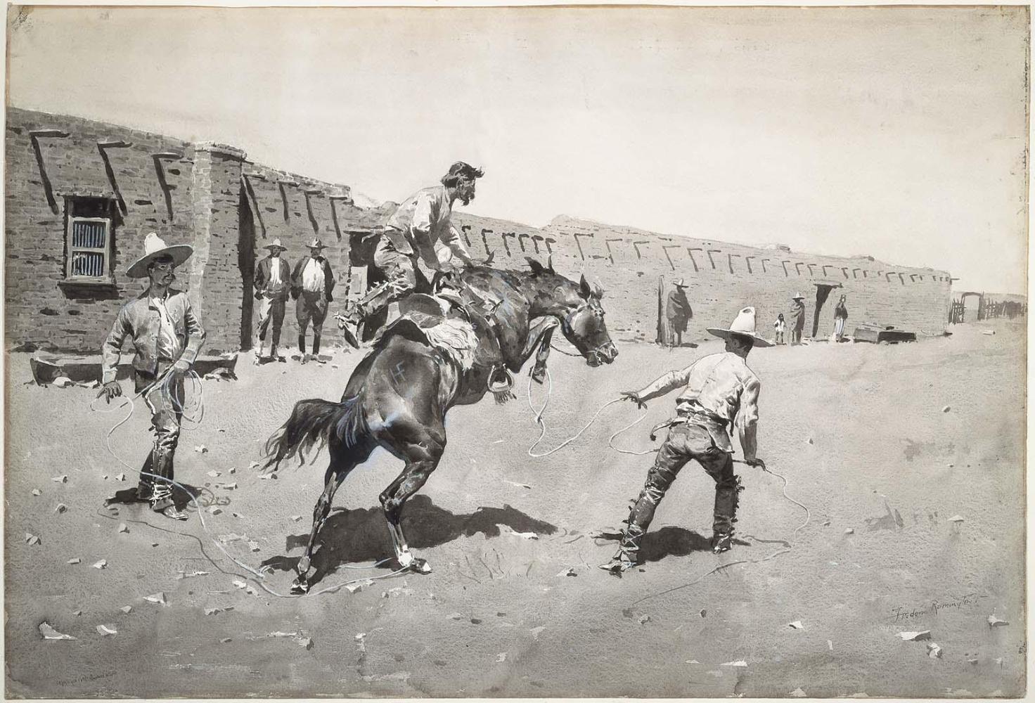 Mexican Vaqueros Breaking a Bronc