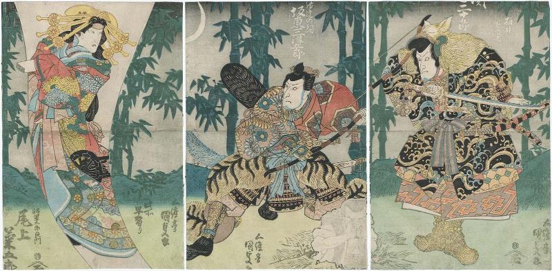 Actors Seki Sanjûrô II as Usui no Sadamitsu (R), Bandô Mitsugorô IV as Watanabe no Tsuna (C), and Onoe Kikugorô III in a Quick-change Role (Hayagawari) as Shôguntarô Yoshikado (L)