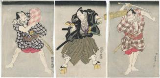 Actors Bandô Mitsugorô III as Danshichi (R), Nakamura Utaemon III as Sukematsu no Kazue (C), and Ichikawa Ichizô I as Kurobei (L)