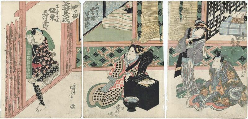 Actors Bandô Hikosaburô IV as Sadamori, Segawa Kikunojô V as Hamamachi (R), Iwai Hanshirô III as Shimekiri Oyotsu (C), and Bandô Mitsugorô III as Komekami no Yazô (L)