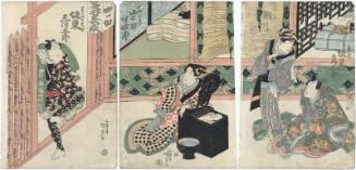 Actors Bandô Hikosaburô IV as Sadamori, Segawa Kikunojô V as Hamamachi (R), Iwai Hanshirô III as Shimekiri Oyotsu (C), and Bandô Mitsugorô III as Komekami no Yazô (L)