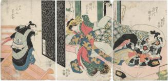 Actors Ichikawa Danjûrô VII as Banzaemon (R), Segawa Kikunojô V as Katsuragi (C), and Onoe Kikugorô III as Sanza (L)