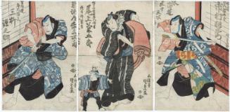 Actors Ichimura Uzaemon XII as Otokodate(?) Goshaku Somegorô (R), Onoe Kikugorô III as Tobi-no-mono Dozaemon Denkichi, Onoe Kikunosuke I as Denkichi's Son (Segare) Kikumatsu (C), and Mimasu Gennosuke I as Otokodate Tôken Gonbei (L)